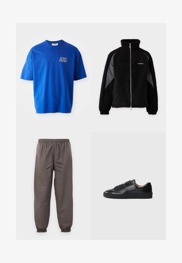 Sort fleecetrøje med lynlås, høj krave og kontrasterende glatte stofpaneler på ærmerne, elastiske manchetter og lille hvidt logo på brystet.; Blå bomulds t-shirt med kortærmer, prydet med et gråt logo på den øverste venstre bryst, rund halsudskæring og en afslappet pasform.; Mørkegrå, elastiske bukser med en afslappet pasform. Har samlede manchetter og subtil broderi på siderne. Letvægtsstof.; Sorte lædersneakers med en glat overflade, rund tå og snørebåndslukning. Har en tyk gummisål og minimal branddetalje.