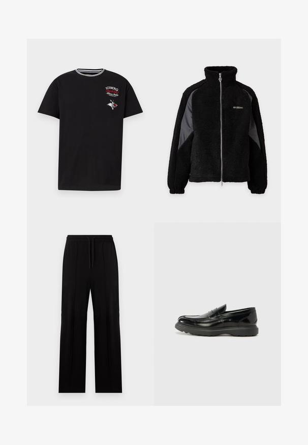 Sort fleecetrøje med lynlås, høj krave og kontrasterende glatte stofpaneler på ærmerne, elastiske manchetter og lille hvidt logo på brystet.; Sort kortærmet t-shirt med stribet krave, hvid og rød tekst "Iceberg Milano Italia" samt grafik af en tegneserie-mår, der holder et rødt æble.; Sorte bukser med lige ben, elastisk talje og snøre, med lodrette sømdetaljer på forsiden.; Sort læderloafer med en blank finish, rund tå, subtile syninger og en tyk gummisål for holdbarhed.