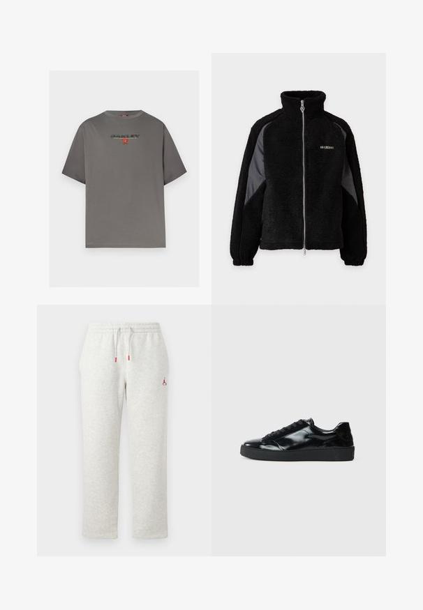 Veste zippée en polaire noire avec col montant et panneaux en tissu lisse contrastants sur les manches, poignets élastiques et petit logo blanc sur la poitrine.; T-shirt gris à manches courtes avec le logo "OAKLEY" et un petit graphisme rouge centré sur la poitrine, présenté sur un fond blanc uni.; Pantalon de jogging gris clair avec taille élastique et cordon, avec petit logo Jumpman rouge sur la cuisse gauche.; Baskets en cuir verni noir avec un bout arrondi, un laçage, une semelle en caoutchouc texturé et une finition lisse.
