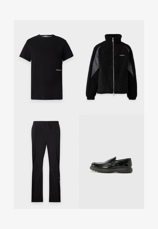 Veste zippée en polaire noire avec col montant et panneaux en tissu lisse contrastants sur les manches, poignets élastiques et petit logo blanc sur la poitrine.; T-shirt en coton noir avec un col rond et des manches courtes, arborant le logo "weekend offender" brodé en blanc sur le côté.; Pantalon noir à jambes droites avec taille élastique et cordon de serrage, présentant des coutures verticales discrètes et un texte logo sur la partie inférieure de la jambe gauche.; Mocassin en cuir noir avec une finition brillante, bout arrondi, détails de couture subtils et semelle en caoutchouc épaisse pour la durabilité.