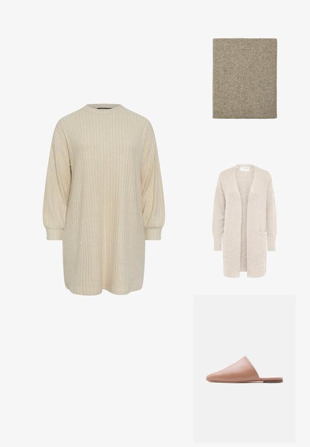 Lang beige åben cardigan med lange ærmer og to forlommer, blødt tekstureret strikstof.; Beige ribbet kjole med høj rund halsudskæring og lange puffærmer. Blød tekstur, knælang længde og subtil vertikal mønsterdetalje.; Beige læder mule uden hæl med spids tå og flad sål, vist i sideprofil på en ensartet lys baggrund.; Foldet firkantet beige strikket uld tørklæde på hvid baggrund, der viser tekstur og blødt materiale.