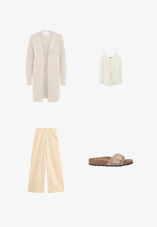 Lang beige åben cardigan med lange ærmer og to forlommer, blødt tekstureret strikstof.; Løs hvid ærmeløs top med tynde stropper og en bindedetalje foran ved halsudskæringen.; Beige bredde benbukser lavet af letvægtsstof. Har en høj talje, lynlås lukning og forlommer. Glat tekstur med en subtil glans.; Beige slidesandal med en korkfodersål, tekstureret gummisål og en stor guldtonet spændeaccent på en glat rem.