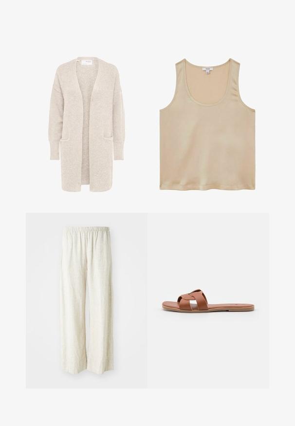 Cardigan largo beige con abertura frontal, mangas largas y dos bolsillos delanteros, tejido de punto suave y texturizado.; Reiss REGULAR FIT - Blusa - neutral; Pantalones de lino de pierna ancha en blanco roto con cintura elástica, que presentan una textura transpirable y piernas de corte recto.; Sandalias planas marrones hechas de cuero suave con un diseño de tiras cruzadas, que cuentan con una suela plana y un estilo minimalista.