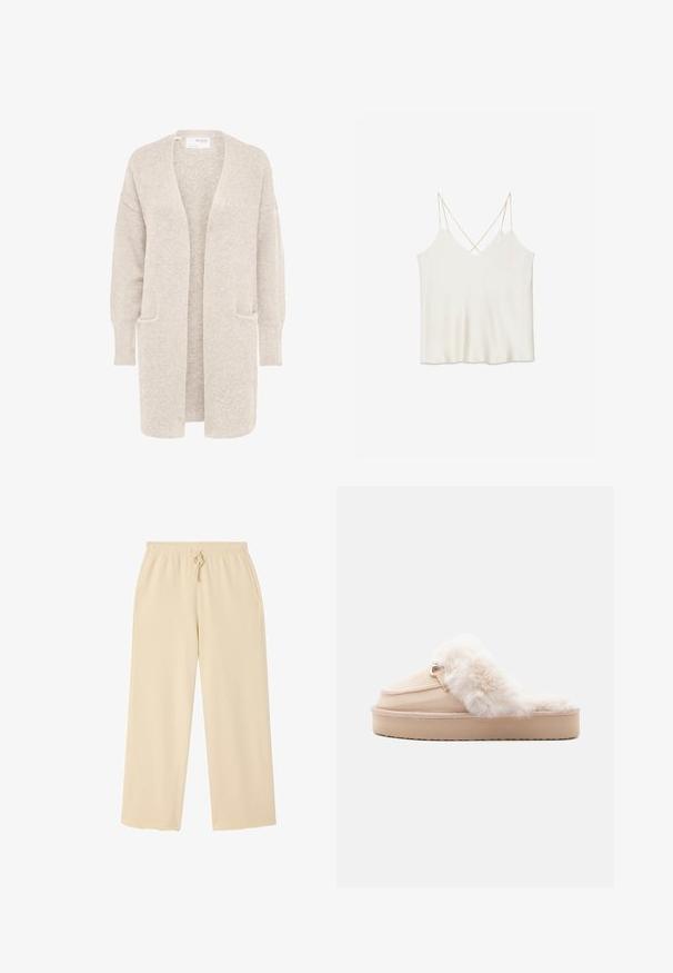 Long gilet beige ouvert sur l'avant, manches longues et deux poches avant, en maille douce texturée.; Haut camisole blanc sans manches avec fines bretelles doubles en croix dans le dos sur un fond uni.; Pantalon beige à jambes larges en tissu doux avec taille élastique, cordon de serrage et deux poches latérales. Design simple sans motifs.; Chausson beige avec doublure en fausse fourrure, un bout arrondi, des coutures décoratives et une semelle texturée pour une meilleure adhérence. Présente un accent doré.