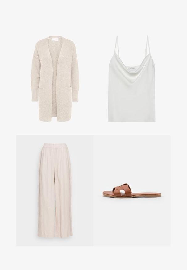 Lang beige åben cardigan med lange ærmer og to forlommer, blødt tekstureret strikstof.; Hvid satin camisole med en draperet udskæring, tynde justerbare stropper og en lige afslutning. Mærket "ANNA FIELD" er synligt indeni.; Lys beige linned bukser med et bredt ben-design og elastisk talje. Blød texture med et subtilt, vævet mønster overalt.; Brune flade slide-sandaler lavet af glat læder med et krydset remdesign, der har en flad sål og en minimalistisk stil.