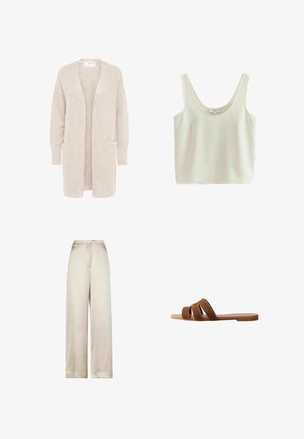 Lang beige åben cardigan med lange ærmer og to forlommer, blødt tekstureret strikstof.; Ærmeløs, cremefarvet cropped tanktop med brede stropper og scoop-halsudskæring, lavet af glat stof.; Bukser med høj talje og vide ben i beige med en enkelt knap og skjult lynlåslukning foran.; Brun ruskindssandal med tre overlappende remme, en flad sål og kontrasterende hvide syninger på remmene som detalje.
