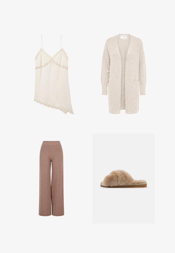 Long gilet beige ouvert sur l'avant, manches longues et deux poches avant, en maille douce texturée.; Robe nuisette couleur crème avec fines bretelles, bordure en dentelle le long de l'encolure, de la poitrine et de l'ourlet asymétrique.; Pantalons en maille marron à jambe large avec un tissu texturé, dotés d'une taille élastique et d'une coupe ample pour le confort.; Chausson en peluche beige avec une texture douce, à dos ouvert et doublure intérieure. Semelle plate avec une base marron clair et des coutures beiges.
