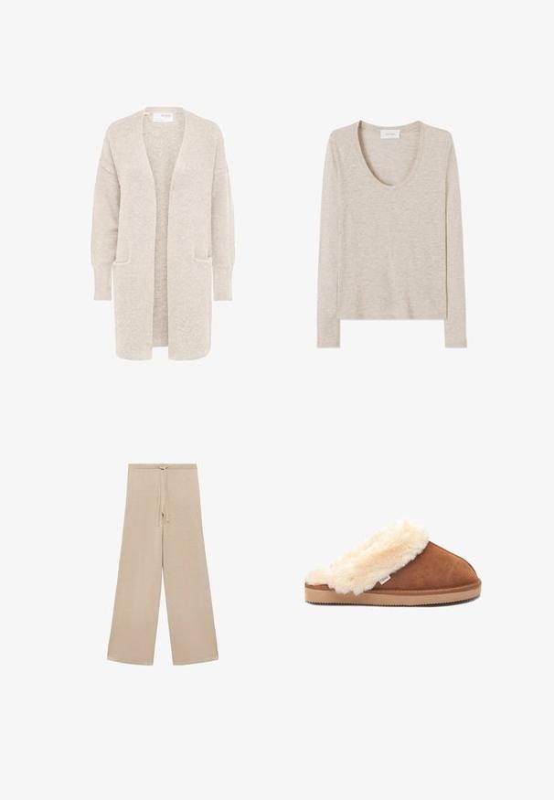 Long gilet beige ouvert sur l'avant, manches longues et deux poches avant, en maille douce texturée.; Haut beige à manches longues, col rond, tricot léger avec un ourlet droit, montré à plat sur un fond blanc.; Pantalons larges beiges en tissu doux, dotés d'une taille à cordon de serrage et d'une texture lisse, sans motifs ni accessoires supplémentaires.; Pantoufle en suède marron avec un col en fourrure crémeuse et douce, et une semelle en caoutchouc légère, dotée d'une petite étiquette de marque sur le côté.