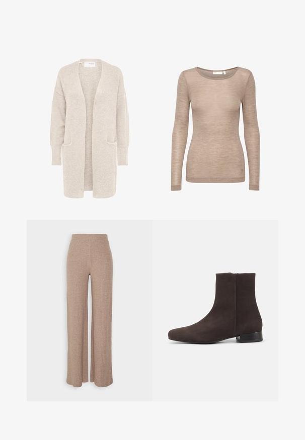 Lang beige åben cardigan med lange ærmer og to forlommer, blødt tekstureret strikstof.; Langærmet beige top lavet af letvægtsstof. Har en rund halsudskæring og en tætsiddende silhuet med minimale syninger.; Beige ribbede vide bukser med høj talje og blød tekstur, der har en løs pasform og ingen synlige lukninger.; Mørkebrun ruskind ankelstøvle med lav blokhæl og sidelås, slank rundet tå, på ensartet lys baggrund.