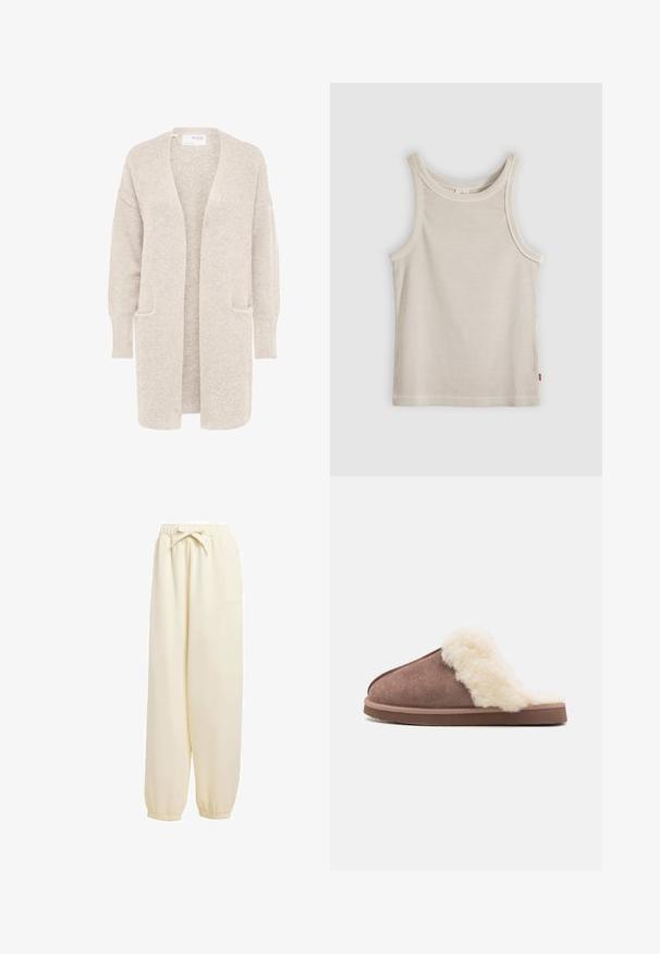 Long gilet beige ouvert sur l'avant, manches longues et deux poches avant, en maille douce texturée.; Débardeur beige côtelé sans manches avec encolure ronde et coupe ajustée, présenté sur un fond gris.; Pantalons de survêtement beige, amples, en matériau doux. Dotés d'une taille élastique avec cordon de serrage et de poignets élastiqués aux chevilles.; Chausson en daim marron avec une doublure en fausse fourrure crémeuse et duveteuse, un design ouvert à l'arrière et une semelle en caoutchouc plate, mettant en avant une texture douce et une apparence confortable.