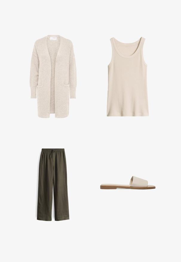 Lange beige open cardigan met lange mouwen en twee voorzakken, zachte gestructureerde gebreide stof.; Mouwloze beige geribbelde tanktop met een ronde hals en brede schouderbanden.; Olijfgroene, losse broek met een elastische tailleband en trekkoord, voorzien van zijzakken en een lichtgewicht, gestructureerde stof.; Platte slide-sandaal met crèmekleurig leren bovenwerk en bruine zool, minimalistisch ontwerp, slip-on stijl, casual schoeisel.