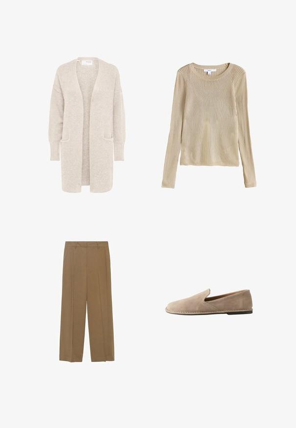 Lange beige open cardigan met lange mouwen en twee voorzakken, zachte gestructureerde gebreide stof.; Beige geribbelde lange mouw gebreide trui met ronde hals en slim fit, plat weergegeven met label zichtbaar bij de kraag.; Wijduitlopende broek van lichtgewicht stof in een effen bruine kleur, met een plissee aan de voorkant en een aangesloten tailleband.; Beige suède instapschoen met afgeronde neus, lage platte hak, doorgenaaide zool en elastische zij inzet voor gemakkelijk aan- en uittrekken.