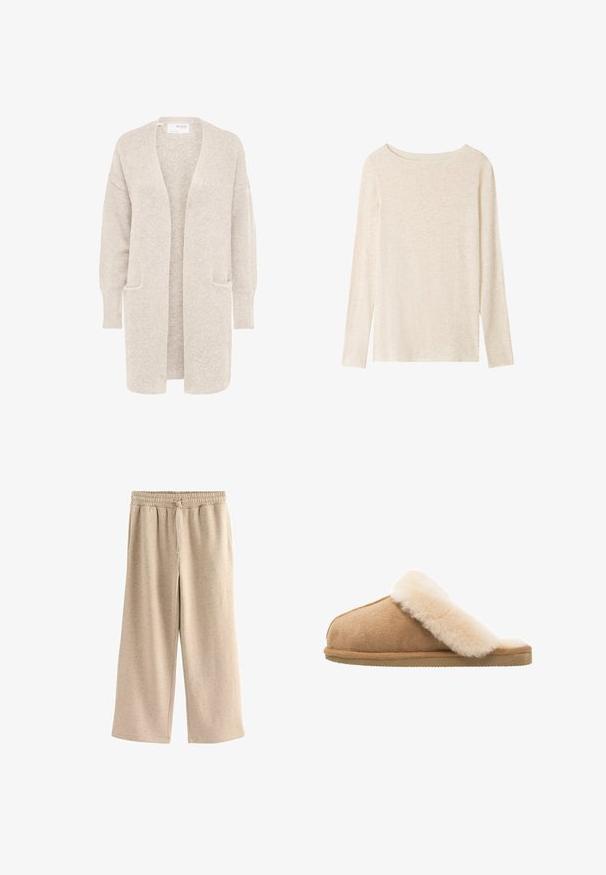 Langer beiger Cardigan mit offenem Vorderteil, langen Ärmeln und zwei Fronttaschen, weicher strukturierter Strickstoff.; Langärmliges, hellbeiges Strickoberteil mit U-Boot-Ausschnitt und dezent melierter Textur.; Beige weite Hosen aus weichem Stoff, mit einem elastischen Bund und Kordelzug, sowie einer subtilen gesprenkelten Textur.; Beige Wildlederschlappen mit einem weichen, flauschigen Innenfutter aus cremefarbener Schafsleder. Verfügt über eine flache, strukturierte Gummisohle für einen sicheren Halt.