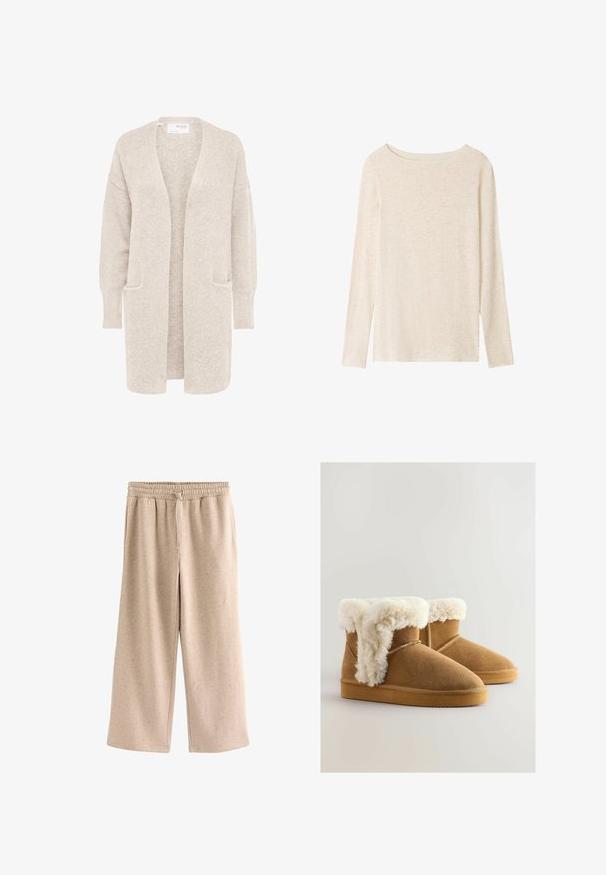 Lang beige åben cardigan med lange ærmer og to forlommer, blødt tekstureret strikstof.; Langærmet, lysebeige striktop med bådudskæring og subtil meleret tekstur.; Beige bukser med vide ben, elastisk talje og snørre, lavet af et blødt, plettet stof.; Brune ruskinds ankelstøvler med en fluffy, hvid fake fur-kant, rund tå og flad gummisål. Syninger langs siderne.