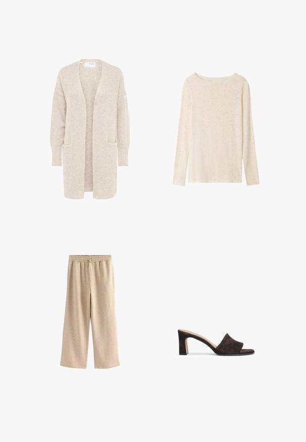 Long gilet beige ouvert sur l'avant, manches longues et deux poches avant, en maille douce texturée.; Top en maille beige clair à manches longues avec encolure bateau et texture chinée subtile.; Pantalons larges de couleur crème en tissu doux en mélange de coton. Ils présentent une taille élastique avec cordon de serrage et une texture subtilement mouchetée.; Mule en suède marron avec une large lanière et un embout carré. Présente un talon bloc et une semelle intérieure lisse.