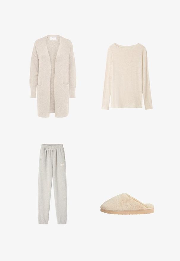 Lange beige open cardigan met lange mouwen en twee voorzakken, zachte gestructureerde gebreide stof.; Lichtbeige fijngebreide top met lange mouwen, boothals en een subtiele gemêleerde structuur.; Grijze sweatpants van een zachte katoenmix, met een elastische tailleband, zijzakken en een klein logo op de linker bovenbeen.; Beige bonten slippers met een afgeronde vorm, een gestructureerde bovenkant en een platte, lichtgekleurde rubberen zool. Heeft een verfijnde kantaccent langs de rand.