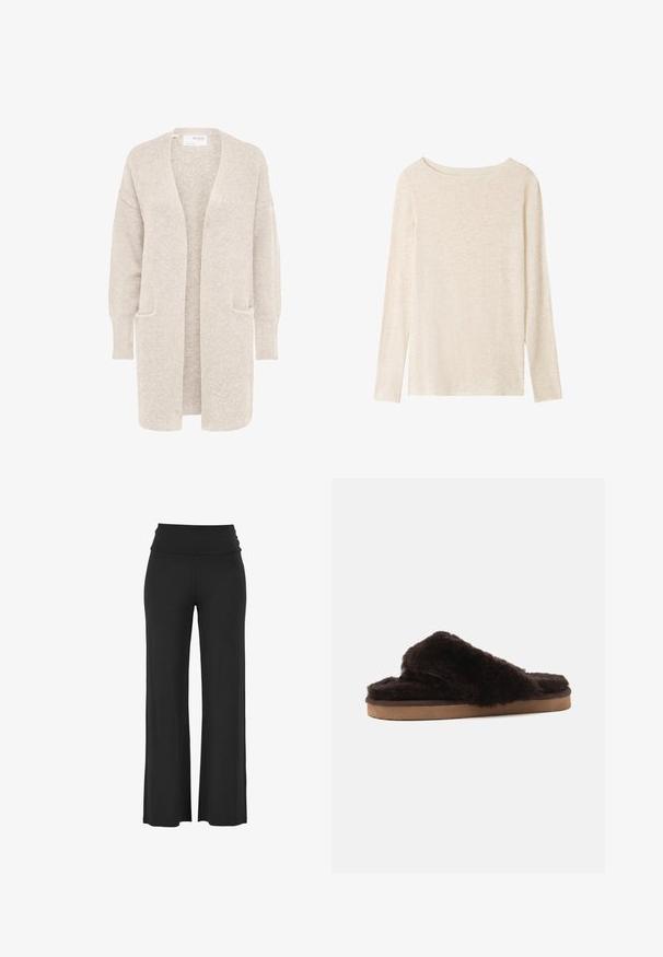 Lang beige åben cardigan med lange ærmer og to forlommer, blødt tekstureret strikstof.; Langærmet, lysebeige striktop med bådudskæring og subtil meleret tekstur.; Sorte, brede bukser med et højt, draperet talje bånd lavet af et blødt, strækbart materiale, der har glatte, jævne syninger og ingen synlige mønstre.; Enkelt mørkebrun, pelsagtig hjemmesko med brun sål vist i profil på en ensartet lys baggrund.