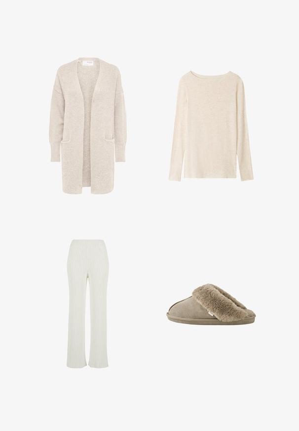 Lange beige open cardigan met lange mouwen en twee voorzakken, zachte gestructureerde gebreide stof.; Lichtbeige fijngebreide top met lange mouwen, boothals en een subtiele gemêleerde structuur.; Crème ribbel gebreide broek met een uitlopende snit. Voorzien van een brede elastische tailleband en verticale strepen voor extra textuur.; Beige instapslof met zachte, pluche bontvoering rond de opening en een suède-achtige buitenzool.