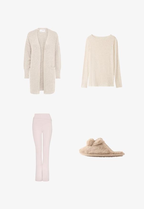 Lange beige open cardigan met lange mouwen en twee voorzakken, zachte gestructureerde gebreide stof.; Lichtbeige fijngebreide top met lange mouwen, boothals en een subtiele gemêleerde structuur.; Lichtroze uitlopende broek met een brede tailleband en een gladde textuur. Heeft een schoon, gestroomlijnd ontwerp zonder extra versieringen.; Beige, pluizige instapslof met twee pompons bovenop en een platte zool, ontworpen voor binnenshuis gebruik.