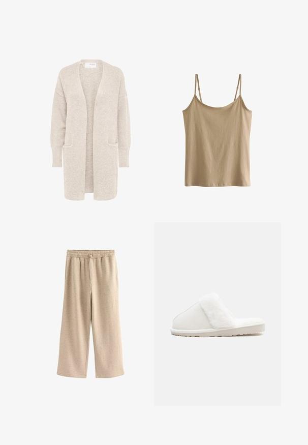 Langer beiger Cardigan mit offenem Vorderteil, langen Ärmeln und zwei Fronttaschen, weicher strukturierter Strickstoff.; Beige, leichtes Top mit dünnen Trägern und lockerer Passform. Glatte Textur, schlichtes Design und gerader Saum.; Beige weite Hosen aus weichem Stoff, mit einem elastischen Bund und Kordelzug, sowie einer subtilen gesprenkelten Textur.; Weißer Hausschuh mit einem weichen Kunstfellband, Filzoberteil, gepolsterter Sohle und einer strukturierten Gummisohle für rutschfesten Halt. Einfaches, rundes Design.