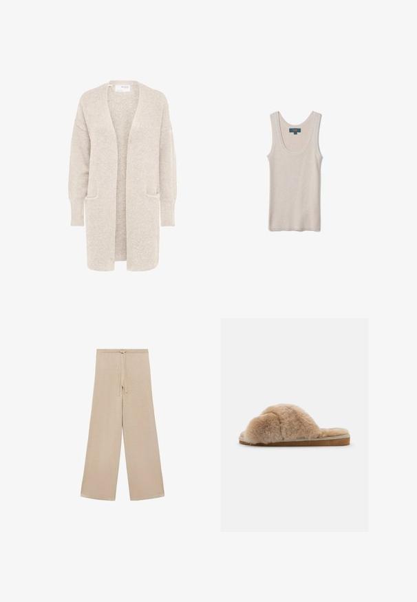Long gilet beige ouvert sur l'avant, manches longues et deux poches avant, en maille douce texturée.; Débardeur beige en maille côtelée sans manches avec une encolure dégagée, présenté à plat avec une étiquette de la marque OVS à l'intérieur du col arrière.; Pantalons larges beiges en tissu doux, dotés d'une taille à cordon de serrage et d'une texture lisse, sans motifs ni accessoires supplémentaires.; Chausson en peluche beige avec une texture douce, à dos ouvert et doublure intérieure. Semelle plate avec une base marron clair et des coutures beiges.