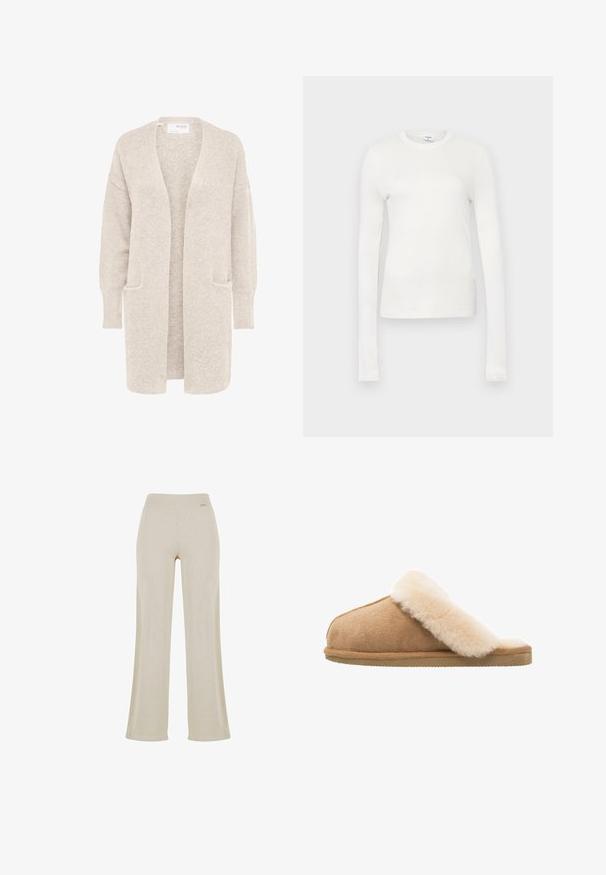 Cardigan largo beige con abertura frontal, mangas largas y dos bolsillos delanteros, tejido de punto suave y texturizado.; Camiseta blanca de manga larga hecha de algodón suave. Presenta un escote redondo, silueta ajustada y textura suave. Sin patrones ni acentos.; Pantalones de pierna ancha beige con una suave textura acanalada, cinturilla elástica y sin adornos visibles, que ofrecen una silueta relajada.; Zapatilla de ante de color beige, con un suave forro de piel de oveja crema. Cuenta con una suela de goma plana y texturizada para mayor agarre.