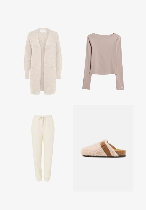 Long gilet beige ouvert sur l'avant, manches longues et deux poches avant, en maille douce texturée.; Chemise à manches longues beige clair en tissu doux et extensible. Présente un décolleté large et un ourlet légèrement court. Détails de couture subtils.; Pantalon de survêtement décontracté couleur crème avec ceinture élastique et cordon de serrage, jambes effilées et poignets élastiques.; Sabots en shearling beige à enfiler avec une sangle en daim marron, semelle en liège et semelle extérieure en caoutchouc texturé, conçus pour le confort et le port décontracté.