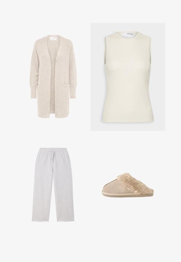 Langer beiger Cardigan mit offenem Vorderteil, langen Ärmeln und zwei Fronttaschen, weicher strukturierter Strickstoff.; Selected Knitted Sleeveless - Top - birch; Hellgraue Sweatpants mit weitem Bein, elastischem Bund und Kordelzug sowie Taschen auf beiden Seiten.; Beiger Schlupfhausschuh mit weichem Wildleder außen und einem flauschigen, weichen Innenfutter und Bündchen, entwickelt für Komfort im Innenbereich.