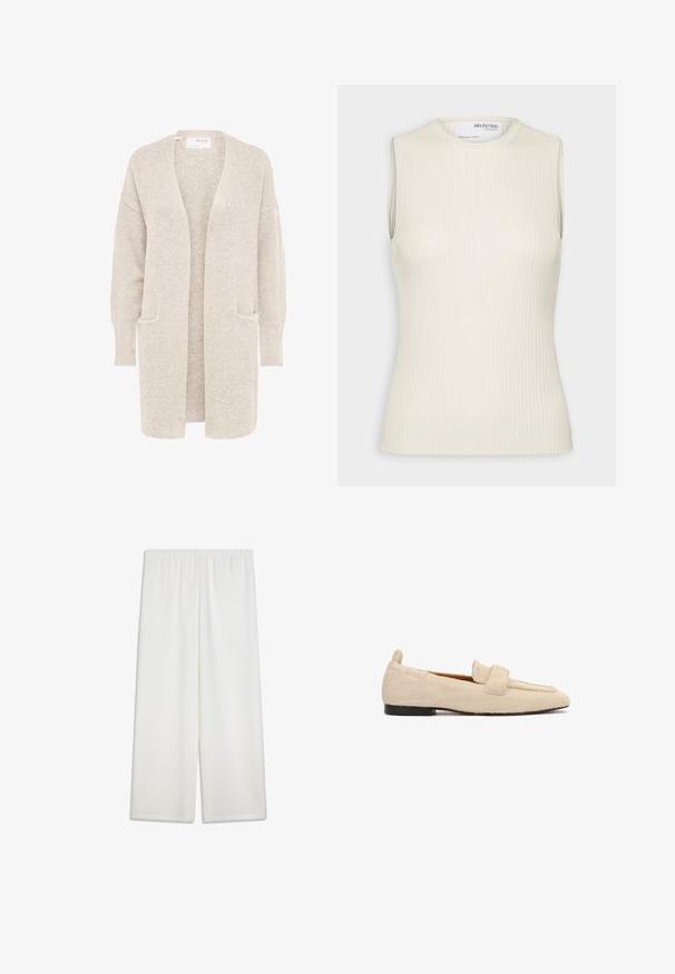 Long gilet beige ouvert sur l'avant, manches longues et deux poches avant, en maille douce texturée.; Selected Knitted Sleeveless - Débardeur - birch; Pantalon blanc à jambes larges avec taille élastique. Tissu lisse et léger ; coupe longue et droite. Aucun motif ni accent visible.; Mocassins plats beige avec une surface texturée semblable à de la fourrure, semelle noire et une large lanière sur la partie supérieure de la chaussure.