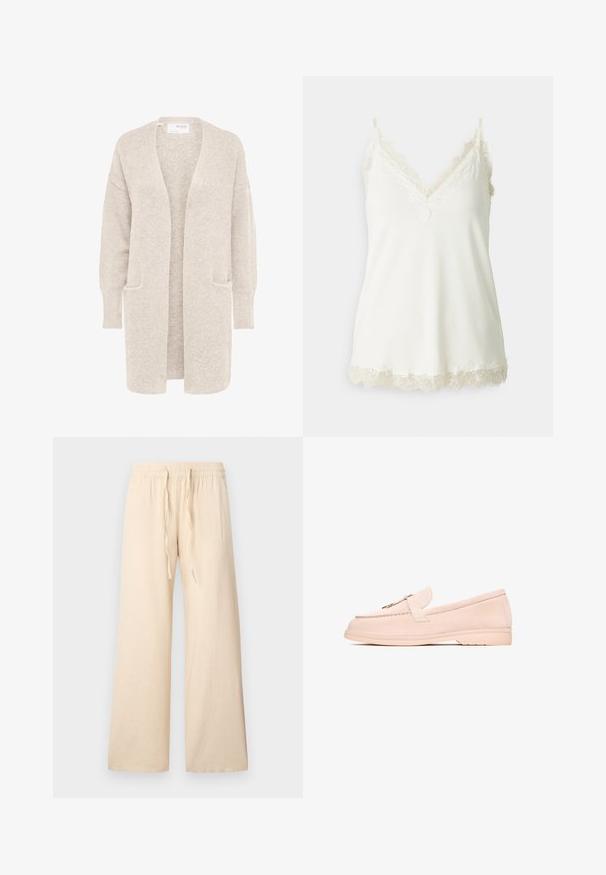 Lang beige åben cardigan med lange ærmer og to forlommer, blødt tekstureret strikstof.; Hvid camisol med V-udskæring, delikat blondekant langs stropperne og kanten, samt en glat, blød tekstur. Letvægtsstof.; Beige bukser med vide ben lavet af blødt stof, med elastisk talje og snøre samt uden synlige mønstre eller detaljer.; Beige ruskinds loafers med en rund tå, der har et lille dekorativt bånd og en flad gummisål. Glat overflade med minimal syning.