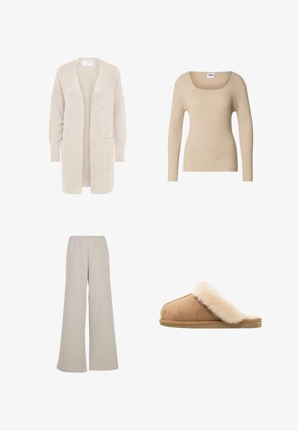 Langer beiger Cardigan mit offenem Vorderteil, langen Ärmeln und zwei Fronttaschen, weicher strukturierter Strickstoff.; Beiger gerippter Pullover mit quadratischem Ausschnitt und langen Ärmeln, gefertigt aus weichem, strukturiertem Stoff. Einfaches Design, geeignet zum Schichten.; Hellbeige weite Sweatpants aus weichem Material, mit elastischem Bund und geradem, sauberem Saum.; Beige Wildlederschlappen mit einem weichen, flauschigen Innenfutter aus cremefarbener Schafsleder. Verfügt über eine flache, strukturierte Gummisohle für einen sicheren Halt.
