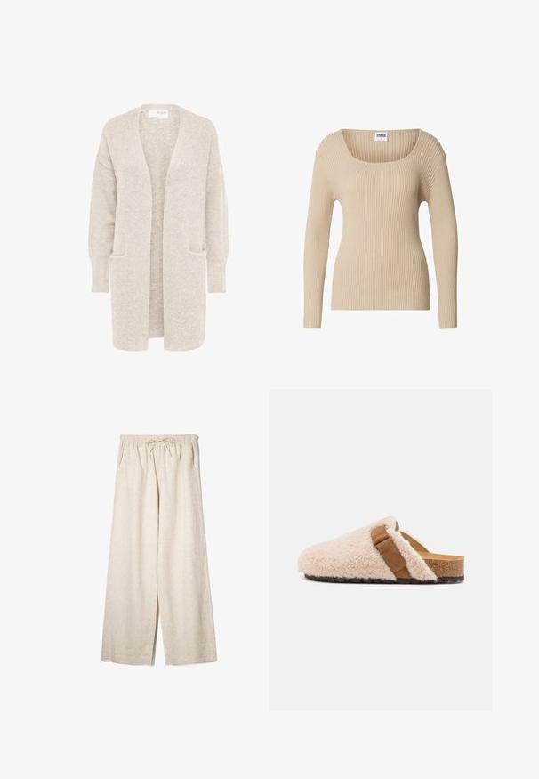Long gilet beige ouvert sur l'avant, manches longues et deux poches avant, en maille douce texturée.; Pull côtelé beige avec un col carré et des manches longues, fabriqué en tissu doux et texturé. Design simple, idéal pour superposer.; Pantalon en lin beige à jambes larges avec taille élastique et cordon, doté de poches latérales et d'une coupe décontractée.; Sabots en shearling beige à enfiler avec une sangle en daim marron, semelle en liège et semelle extérieure en caoutchouc texturé, conçus pour le confort et le port décontracté.