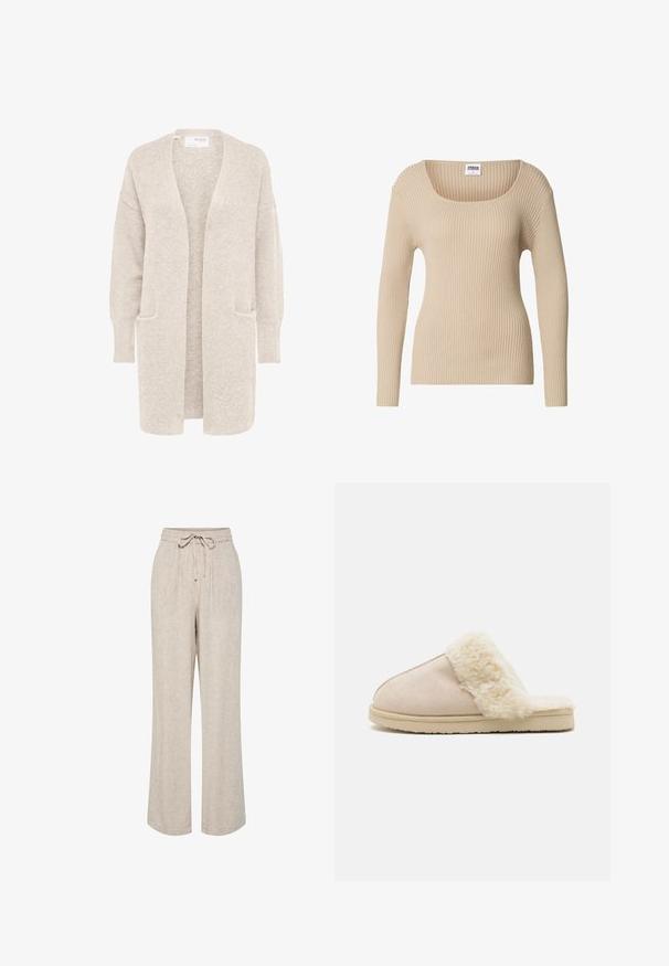 Long gilet beige ouvert sur l'avant, manches longues et deux poches avant, en maille douce texturée.; Pull côtelé beige avec un col carré et des manches longues, fabriqué en tissu doux et texturé. Design simple, idéal pour superposer.; Pantalon beige coupe ample avec jambes larges, taille élastique et cordon noué à l'avant.; Bianco BIASWEETIE SLIPPER - Chaussons - beige