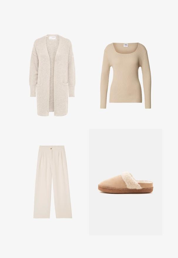 Long gilet beige ouvert sur l'avant, manches longues et deux poches avant, en maille douce texturée.; Pull côtelé beige avec un col carré et des manches longues, fabriqué en tissu doux et texturé. Design simple, idéal pour superposer.; Pantalons beige à jambes larges avec une texture douce, présentant une fermeture à bouton à l'avant, des plis à la taille et une ceinture arrière élastiquée.; Chausson beige à enfiler avec une doublure blanche douce et moelleuse et une semelle en caoutchouc marron, vu de profil sur un fond uni.