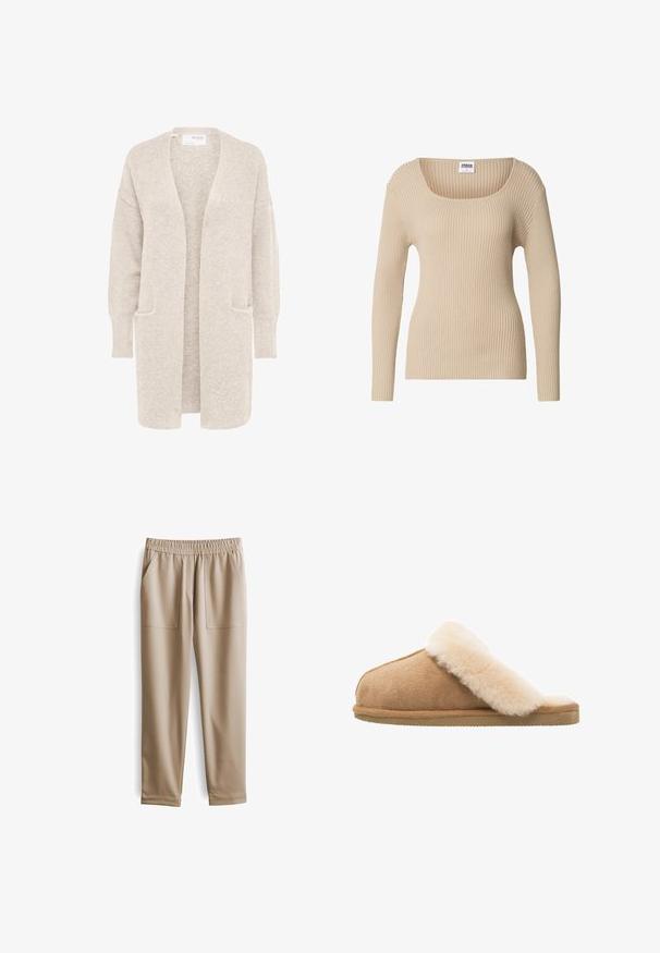 Lange beige open cardigan met lange mouwen en twee voorzakken, zachte gestructureerde gebreide stof.; Beige ribgebreide trui met een vierkante halslijn en lange mouwen, gemaakt van zachte, gestructureerde stof. Eenvoudig ontwerp, geschikt om te combineren.; Beige elastische broeken met een tailleband, twee voorzakken, taps toelopende pijpen en een gladde textuur, geschikt voor casual kleding.; Beige suède instapschoen met een zachte, fluffy crème schapenvachtvoering. Voorzien van een platte, gestructureerde rubberen zool voor grip.