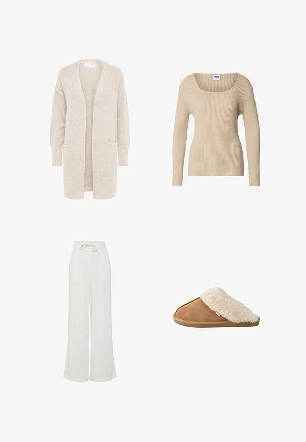 Lang beige åben cardigan med lange ærmer og to forlommer, blødt tekstureret strikstof.; Beige ribstrikket sweater med firkantet halsudskæring og lange ærmer, lavet af blødt, tekstureret stof. Enkel design egnet til lag-på-lag.; Hvide vidde bukser lavet af et let stof, med en elastisk talje med snøre og to sidelommer.; Brun slip-on tøffel med blød beige imiteret pelsforing og sål, vist fra siden på hvid baggrund.