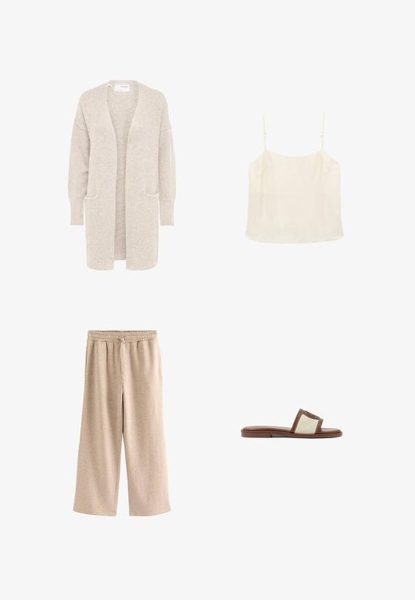 Lang beige åben cardigan med lange ærmer og to forlommer, blødt tekstureret strikstof.; Flødefarvet ærmeløs camisole-top med tynde justerbare stropper og en lige halsudskæring på hvid baggrund.; Beige bukser med vide ben, elastisk talje og snørre, lavet af et blødt, plettet stof.; Brune læderslidesandal med en beige vævet overdel, flad sål og rund tå. Designet inkluderer en logoakcent på remmen.