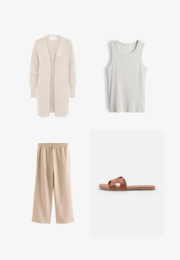 Lange beige open cardigan met lange mouwen en twee voorzakken, zachte gestructureerde gebreide stof.; Witte geribbelde mouwloze tanktop met ronde hals, maat 36 label, plat gelegd op een witte achtergrond.; Beige broek met wijde pijpen, een elastische tailleband en een koordje, gemaakt van een zachte, gevlekte stof.; Bruine platte sandaalslippers van soepel leer met een kruissprayontwerp, met een vlakke zool en een minimalistische stijl.
