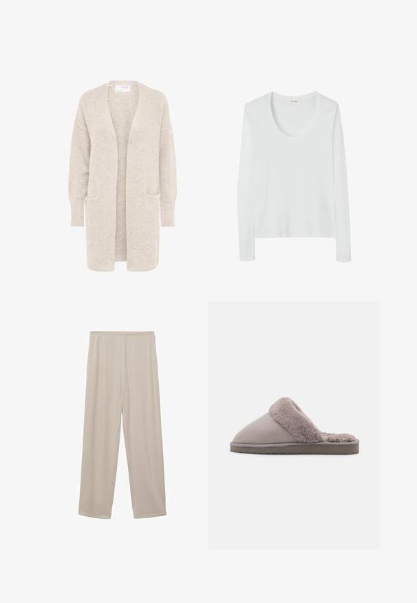 Lange beige open cardigan met lange mouwen en twee voorzakken, zachte gestructureerde gebreide stof.; Witte lange mouwen t-shirt met een ronde hals, gemaakt van lichtgewicht stof, met een loose fit en zonder extra patronen.; Beige, lichte katoenen broek met een recht model, elastische tailleband en een gladde textuur. Geen zichtbare patronen of hardware.; Grijze suède pantoffel met een zachte, fluffy, lichtgrijze bontvoering. Gesloten te ontwerp en flexibele, gestructureerde zool voor grip.