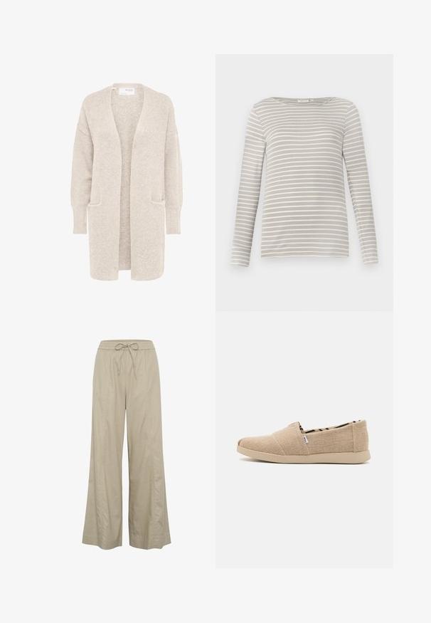 Long gilet beige ouvert sur l'avant, manches longues et deux poches avant, en maille douce texturée.; TOM TAILOR STRIPED BOAT NECK - T-shirt à manches longues - taupe/offwhite; Pantalons beige à jambes larges en tissu léger, dotés d'une taille élastique avec cordon de serrage et de poches latérales. Texture lisse, design minimaliste.; Chaussures slip-on beige avec un dessus en toile texturée, semelle beige rembourrée et doublure intérieure à rayures noires et beiges.