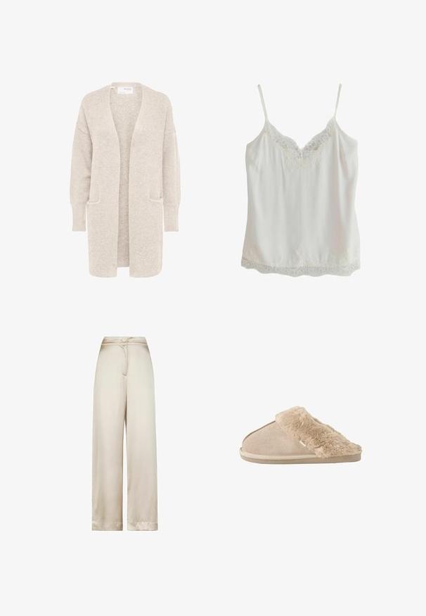 Lang beige åben cardigan med lange ærmer og to forlommer, blødt tekstureret strikstof.; Hvid ærmeløs camisole med tynde stropper og blondekant på udskæringen og kanten, lavet af glat stof.; Bukser med høj talje og vide ben i beige med en enkelt knap og skjult lynlåslukning foran.; Beige slip-on tøfler med blødt ruskind yderside og blødt, fluffy inderfor og manchet, designet til komfort indendørs.