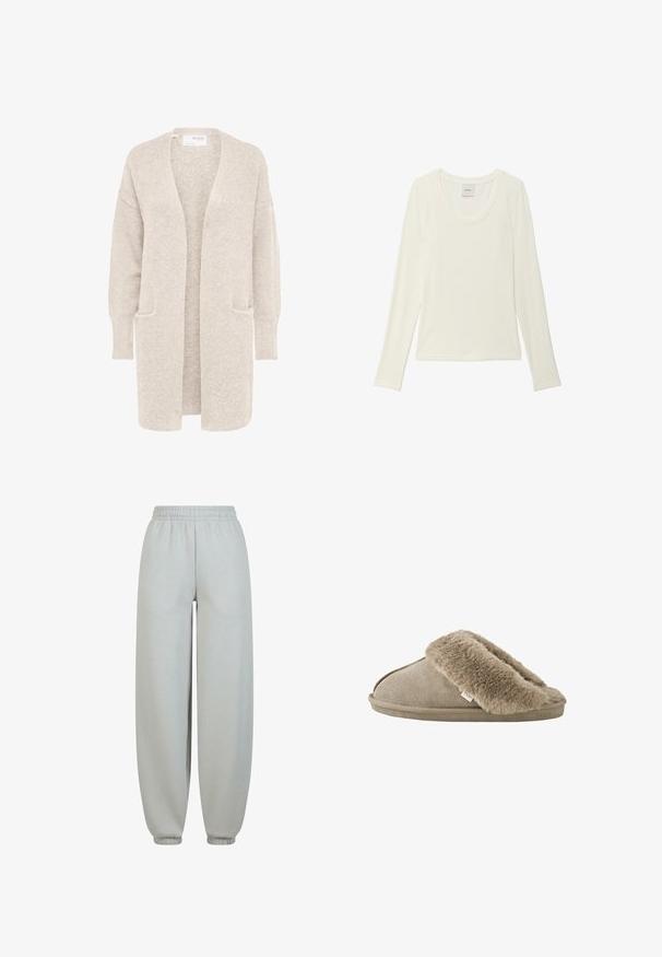 Cardigan largo beige con abertura frontal, mangas largas y dos bolsillos delanteros, tejido de punto suave y texturizado.; Camiseta blanca de manga larga con cuello redondo y textura acanalada, con una etiqueta de Calvin Klein en el interior del cuello, mostrada sobre un fondo blanco liso.; Pantalones de chándal grises con una cinturilla elástica, puños ajustados y una textura suave. Tienen un corte holgado sin patrones o adornos visibles.; Zapatilla beige sin talón con forro interior de suave piel sintética alrededor de la abertura y suela exterior con apariencia de ante.