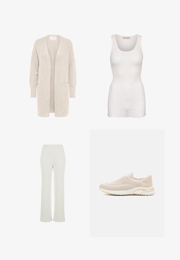 Pikk beež lahtise eesosaga kardigan, pikkade varrukatega ja kahe esitaskuga, pehme tekstuuriga kudumkangas.; Valge ühtlane tank top, millel on süvendatud kaelus, ribakujuline tekstuur ja laineline äär. Ei ole nähtavaid riistvara ega aksessuaare.; Kreemist ribatud kootud püksid, millel on lõhenev disain. Omab laia elastset vööd ja vertikaalseid triibusid, mis lisavad tekstuuri.; Bežid slip-on sneaker, mille tekstuuriga, sujuva disainiga, kuldsete aksentidega konts ning valge tallaga, millel on tagasi vaadates peen muster.