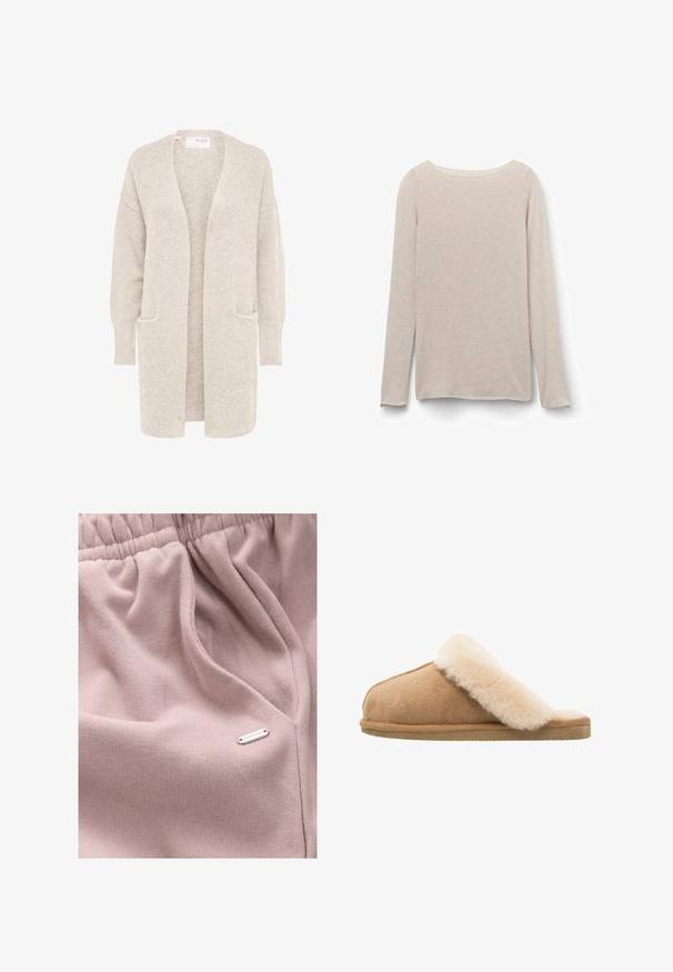 Lange beige open cardigan met lange mouwen en twee voorzakken, zachte gestructureerde gebreide stof.; Lichtroze T-shirt met lange mouwen en een ontspannen ronde hals, gemaakt van zachte stof met een subtiele heatherstructuur.; Lichtroze stof met een geribbelde textuur, voorzien van een elastische tailleband en een klein metalen label met de tekst "DOWNTIME" aan de zijkant.; Beige suède instapschoen met een zachte, fluffy crème schapenvachtvoering. Voorzien van een platte, gestructureerde rubberen zool voor grip.