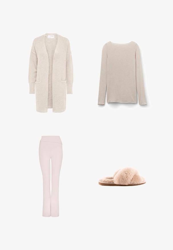 Langer beiger Cardigan mit offenem Vorderteil, langen Ärmeln und zwei Fronttaschen, weicher strukturierter Strickstoff.; Helles rosa Langarm-T-Shirt mit einem lässigen Rundhalsausschnitt, aus weichem Stoff mit einer dezenten melierten Textur.; Helle rosa, ausgestellte Hosen mit einem breiten Bund und glatter Textur. Sie verfügen über ein klares, schlankes Design ohne zusätzliche Verzierungen.; Flauschige hellbeige Hausschuhe mit überkreuzten Riemen, aus weichem Material auf einer flachen, hellbraunen Gummisohle. Weicher Stoff überall.