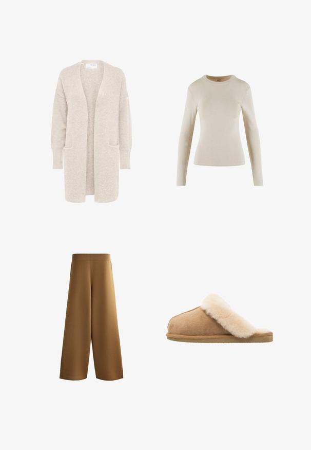 Long gilet beige ouvert sur l'avant, manches longues et deux poches avant, en maille douce texturée.; Haut beige à manches longues en côte avec un col rond ; présente un design ajusté et un petit logo en détail sur le poignet.; Pantalon marron en maille à jambes larges et taille haute, avec une ceinture côtelée et un léger détail texturé sur les coutures latérales extérieures.; Chausson en suède beige à enfiler avec une doublure en laine de mouton crème douce et moelleuse. Doté d'une semelle en caoutchouc texturé et plate pour une meilleure adhérence.
