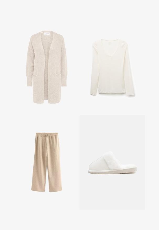 Long gilet beige ouvert sur l'avant, manches longues et deux poches avant, en maille douce texturée.; T-shirt blanc manches longues col en V, coupe slim, posé à plat sur fond blanc.; Pantalons larges de couleur crème en tissu doux en mélange de coton. Ils présentent une taille élastique avec cordon de serrage et une texture subtilement mouchetée.; Chausson blanc avec une bande en fausse fourrure douce, tige en feutre, semelle matelassée et fond en caoutchouc texturé pour l'adhérence. Design simple et arrondi.