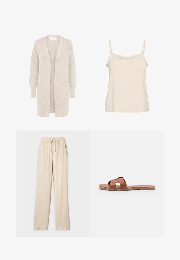 Lange beige open cardigan met lange mouwen en twee voorzakken, zachte gestructureerde gebreide stof.; Lichtbeige topje van zachte stof, met dunne verstelbare bandjes en een V-halslijn met een iets ontspannen pasvorm.; Beige wijde broek met elastische tailleband en trekkoord, gemaakt van een lichtgewicht gestructureerde stof.; Bruine platte sandaalslippers van soepel leer met een kruissprayontwerp, met een vlakke zool en een minimalistische stijl.