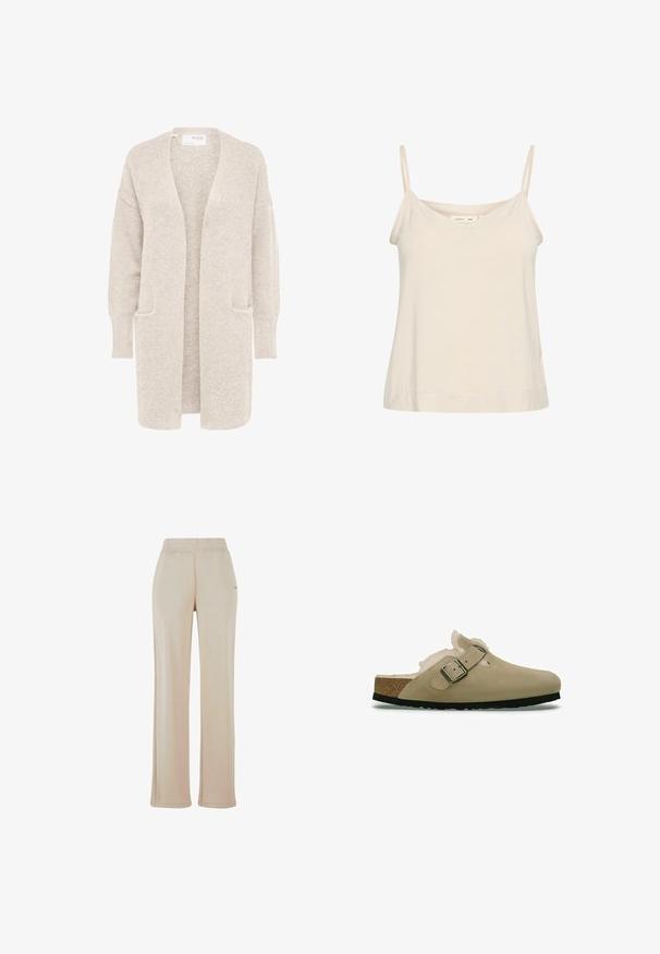 Long gilet beige ouvert sur l'avant, manches longues et deux poches avant, en maille douce texturée.; Camisole beige clair en tissu doux, avec de fines bretelles réglables et un décolleté en V, offrant une coupe légèrement décontractée.; Pantalons de survêtement beige à jambes larges avec une taille élastique et des coutures latérales discrètes. Fabriqués à partir d'un matériau doux et texturé. Aucuns logos visibles.; Sabots beiges avec une tige en suède lisse, une doublure en fausse fourrure douce et une boucle sur le côté. Semelle intérieure en liège, semelle en caoutchouc noir et design de bout arrondi.