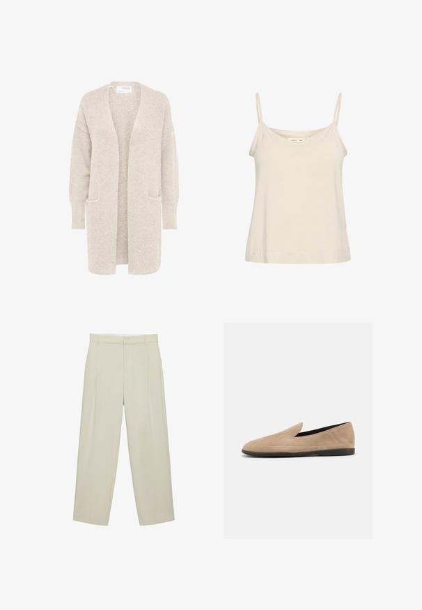 Long gilet beige ouvert sur l'avant, manches longues et deux poches avant, en maille douce texturée.; Camisole beige clair en tissu doux, avec de fines bretelles réglables et un décolleté en V, offrant une coupe légèrement décontractée.; Pantalon beige taille haute cintré avec poches latérales, passants de ceinture et fermeture éclair devant, coupe droite.; Mocassin beige en daim à enfiler avec semelle noire, petit talon et bout arrondi, présenté de profil sur fond blanc.